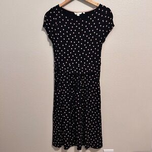 Boden Amelie Jersey Knit Dress Black W/Light Pink Polka Dot Print Size 6 Pockets